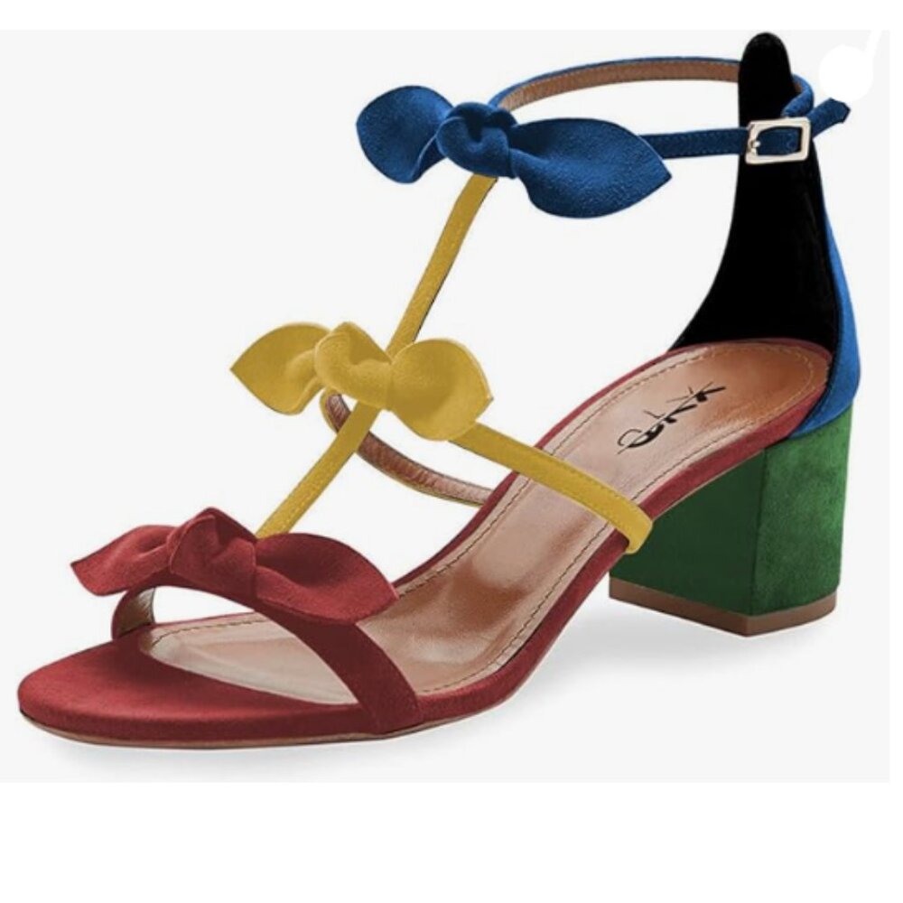 XYD Multicolor Gladiator Block Heels Open Toe Crossover Strap Bow Knots Sandals